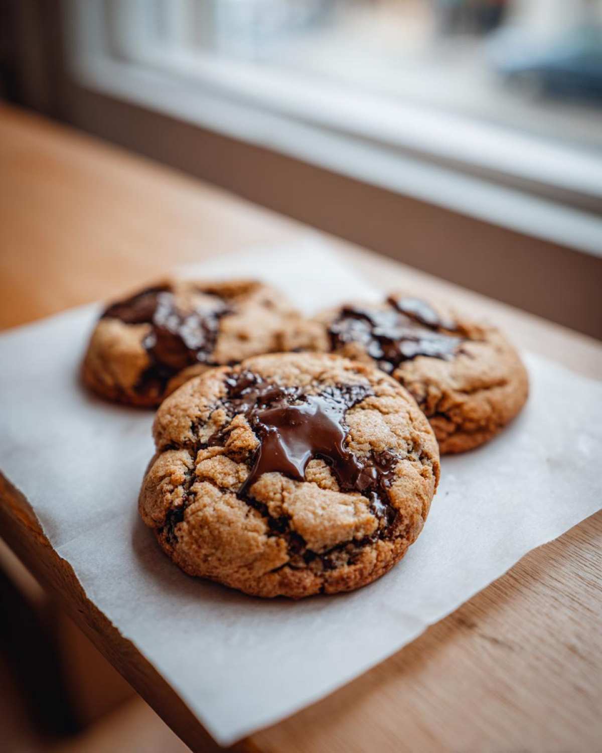 Three freshly baked vegan chocolate chip cookies with pools of melted chocolate, resting on parchment paper.