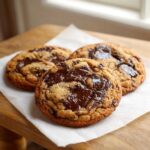 Three freshly baked vegan chocolate chip cookies with melted chocolate pools on a wooden board.