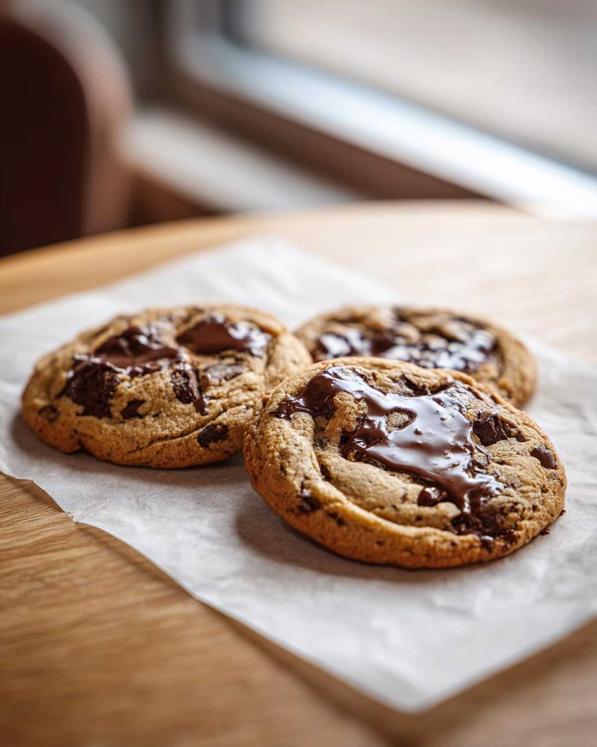 Three freshly baked vegan chocolate chip cookies with gooey, melted chocolate pools on a piece of parchment paper.