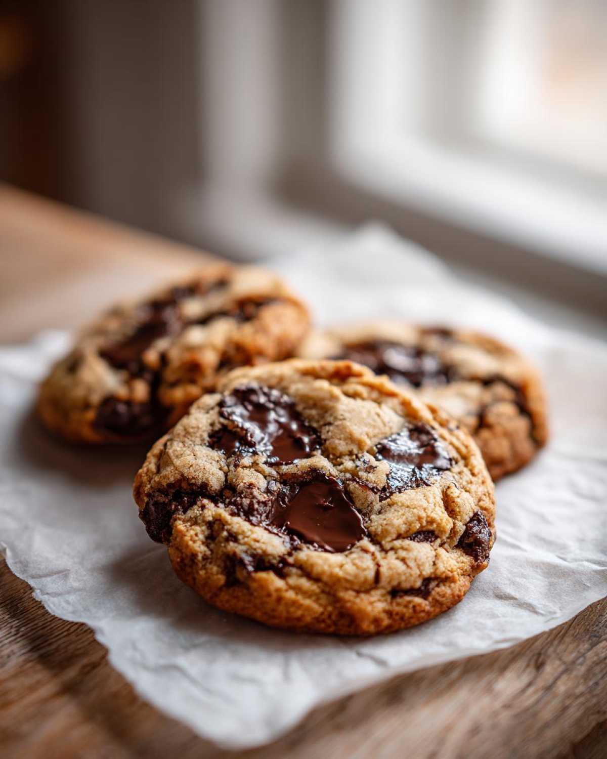 Close-up of gooey vegan chocolate chip cookies with melted chocolate pools on parchment paper.