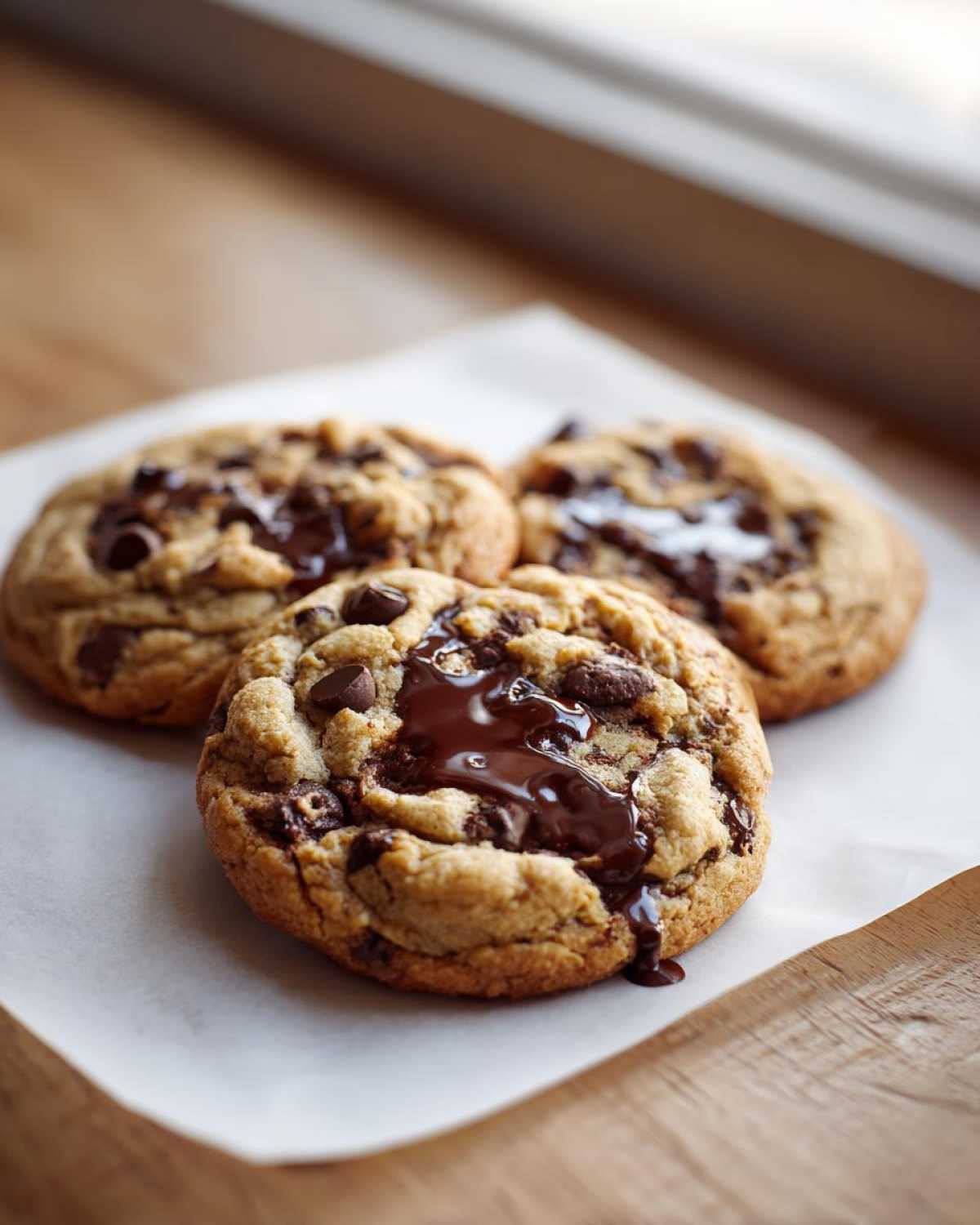 Three freshly baked vegan chocolate chip cookies with gooey, melted chocolate pools on top, resting on parchment paper.