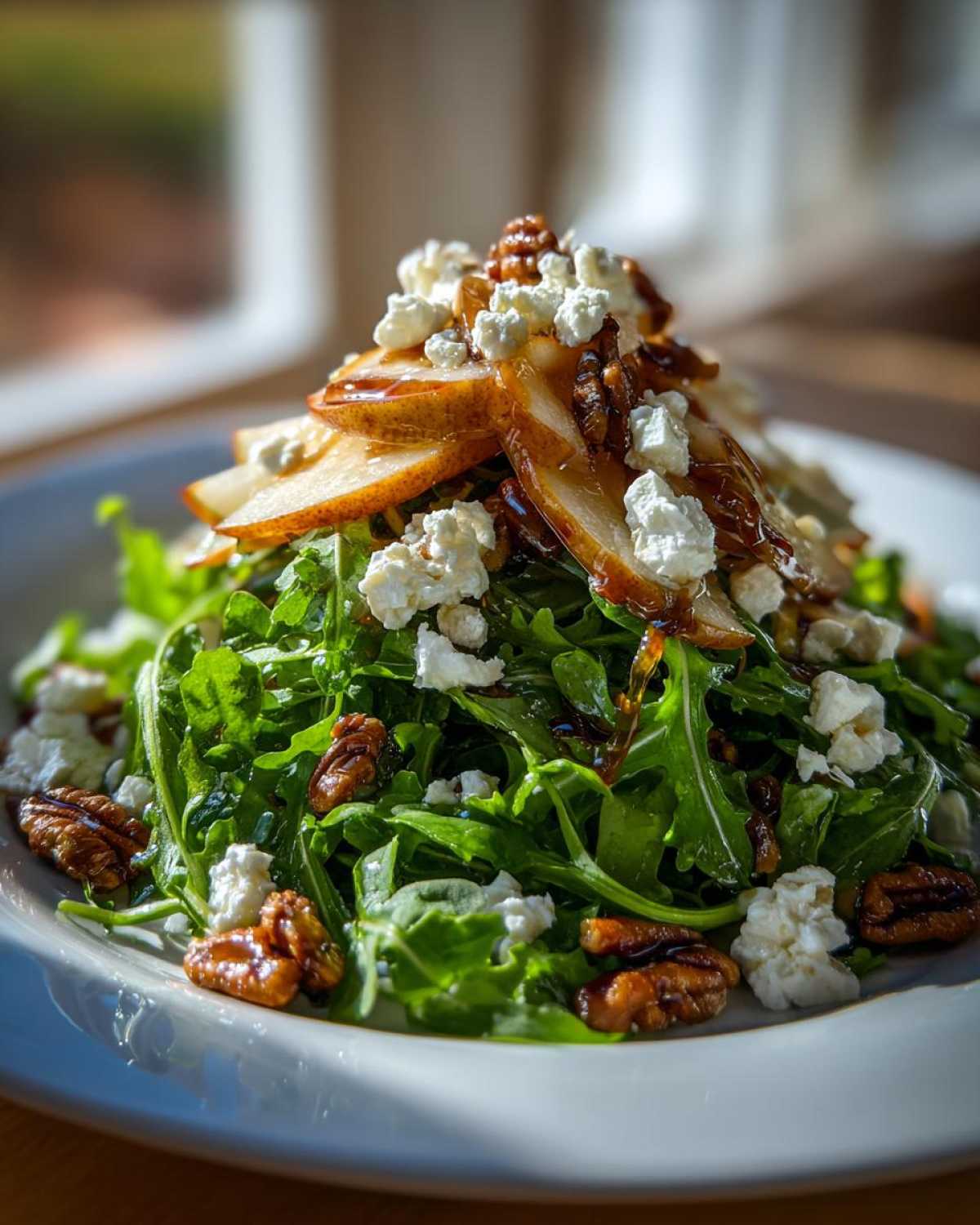 Close-up of a vibrant pear salad featuring arugula, crumbled feta cheese, candied pecans, and sliced pears drizzled with balsamic.