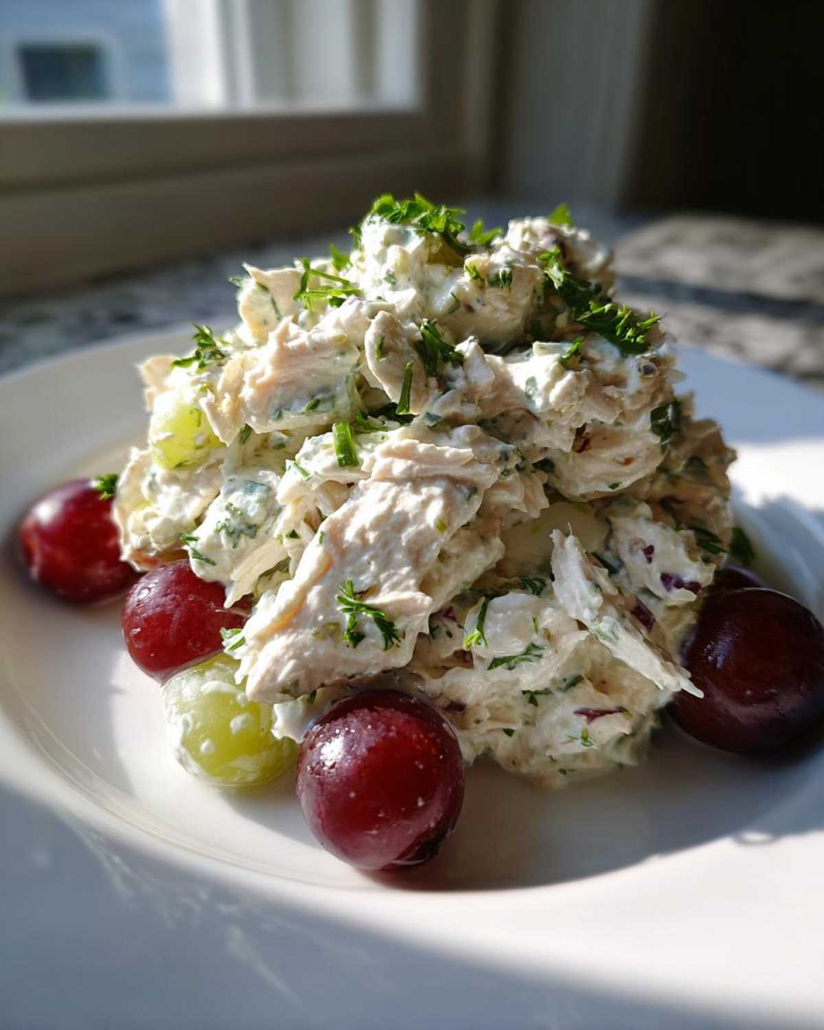 A mound of creamy greek yogurt chicken salad mixed with herbs and served with red and green grapes on a white plate.