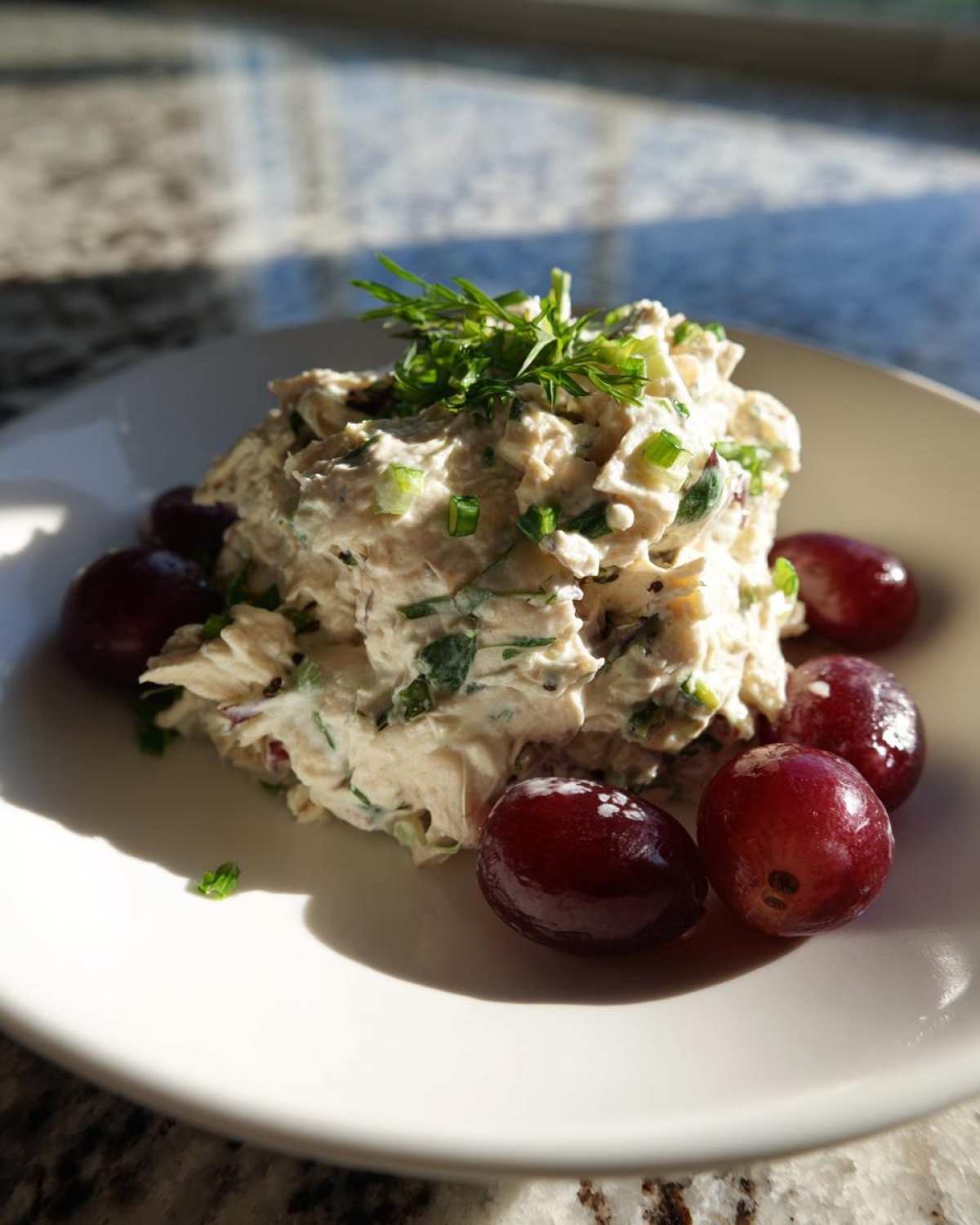 A scoop of creamy greek yogurt chicken salad garnished with fresh dill and served with red grapes on a white plate.