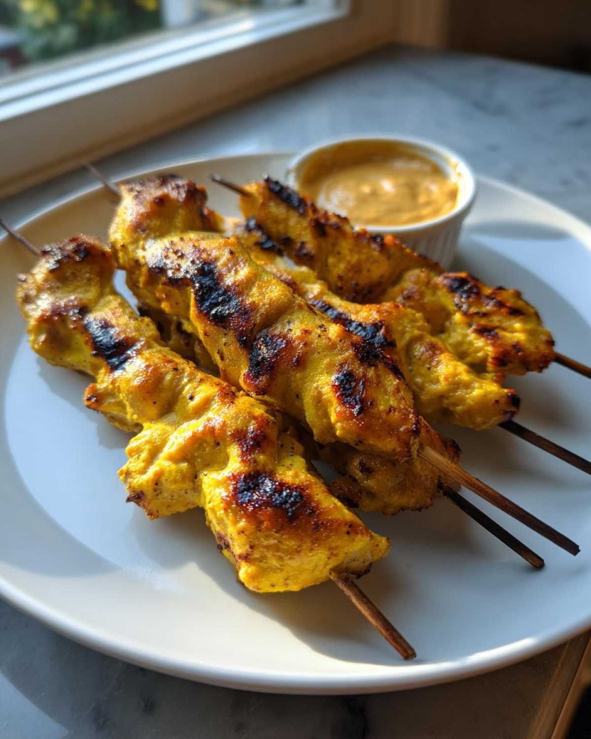 Four golden, grilled chicken satay skewers resting on a white plate next to a small ramekin of peanut sauce.