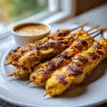 Close-up of beautifully grilled, golden chicken satay skewers served with a side of creamy peanut dipping sauce.