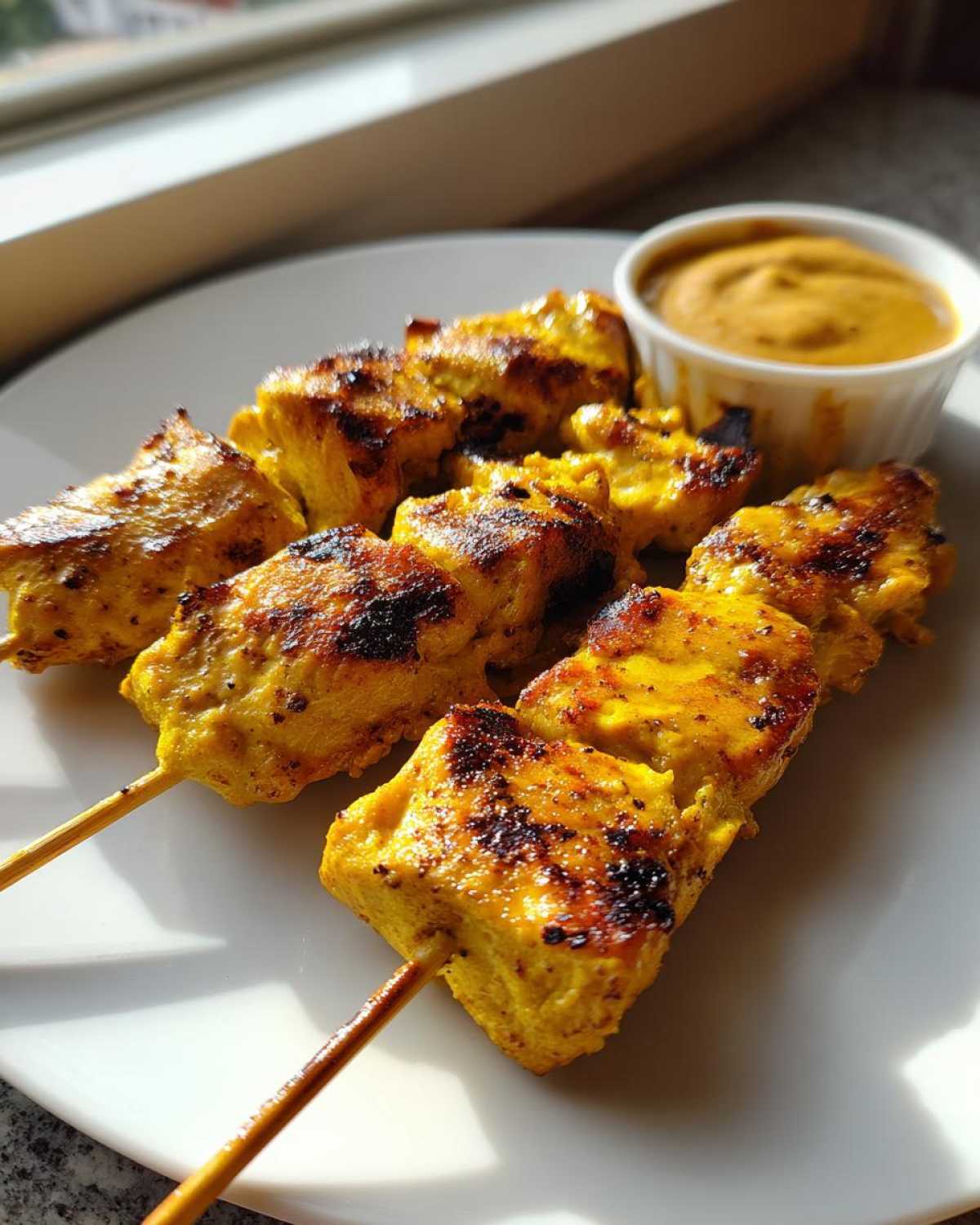 Close-up of grilled, golden yellow chicken satay skewers served on a white plate next to a small bowl of peanut sauce.