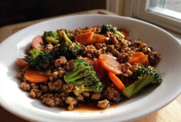 A close-up of Ground Chicken Teriyaki Stir Fry with bright green broccoli florets and sliced carrots in a white bowl.