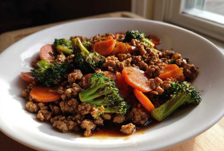 A close-up of Ground Chicken Teriyaki Stir Fry with bright green broccoli florets and sliced carrots in a white bowl.
