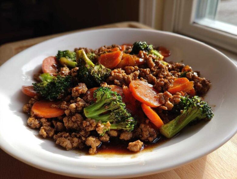 A close-up of Ground Chicken Teriyaki Stir Fry with bright green broccoli florets and sliced carrots in a white bowl.