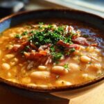 A close-up of a hearty navy bean soup bowl, featuring white beans, shredded ham, and fresh parsley garnish.