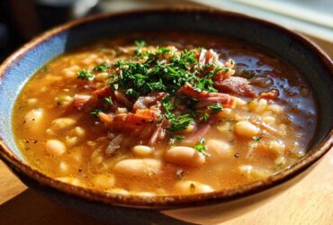 A close-up of a hearty navy bean soup bowl, featuring white beans, shredded ham, and fresh parsley garnish.