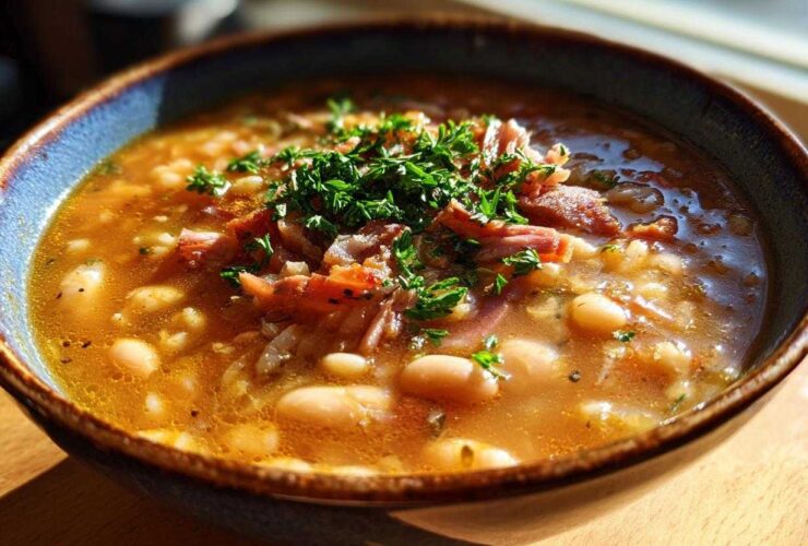 A close-up of a hearty navy bean soup bowl, featuring white beans, shredded ham, and fresh parsley garnish.