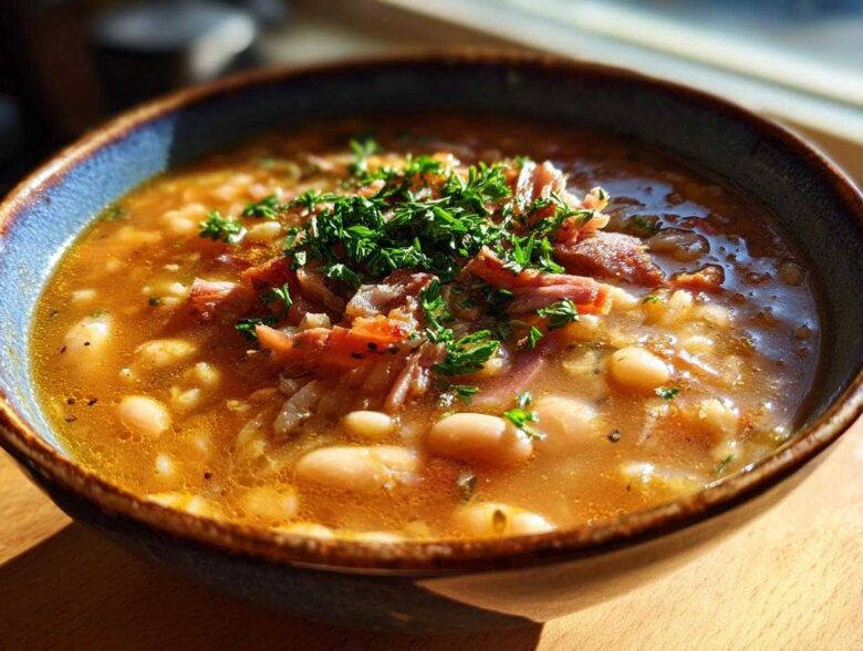 A close-up of a hearty navy bean soup bowl, featuring white beans, shredded ham, and fresh parsley garnish.