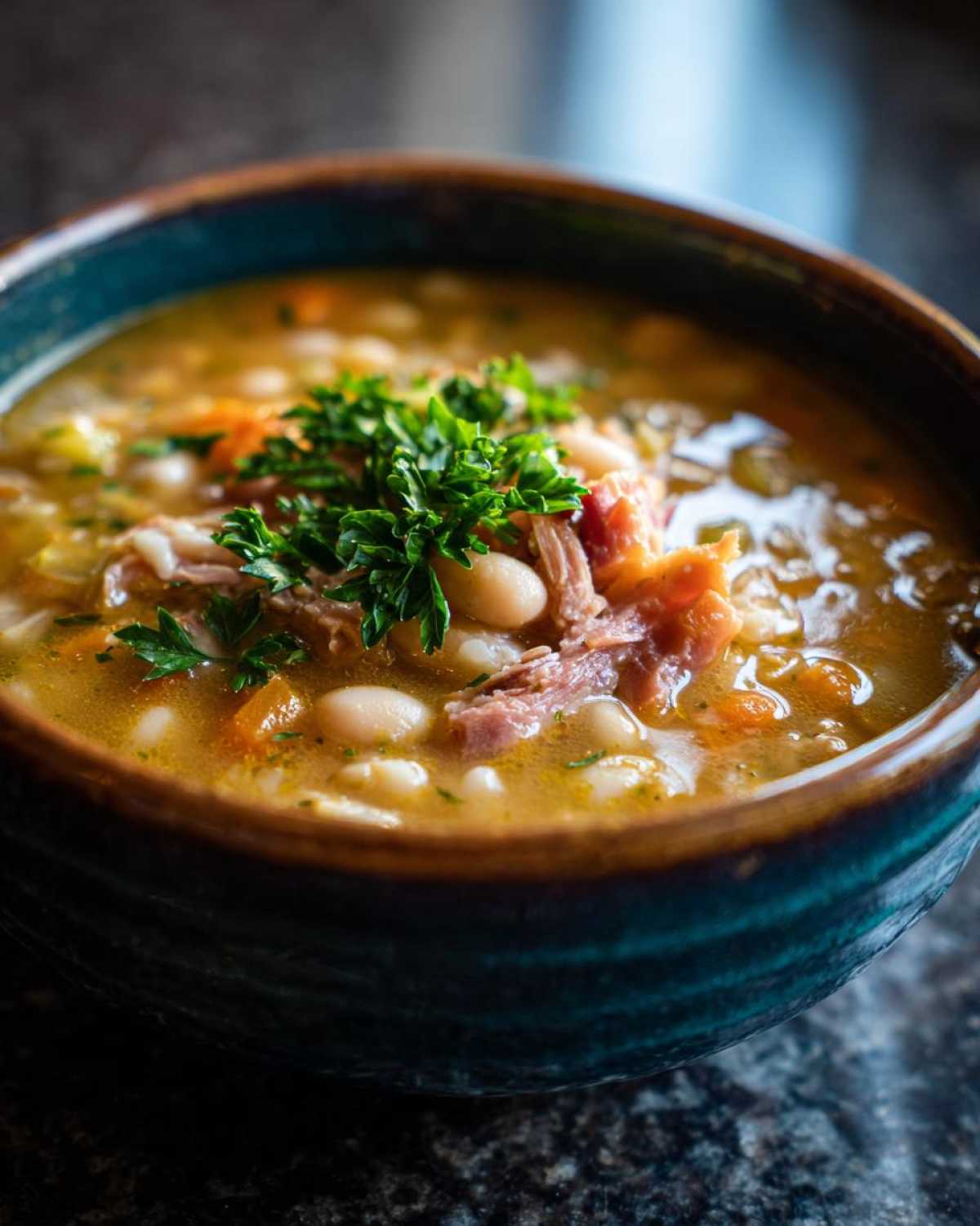 A close-up of a bowl of hearty navy bean soup, featuring white beans, shredded ham, and fresh parsley garnish.