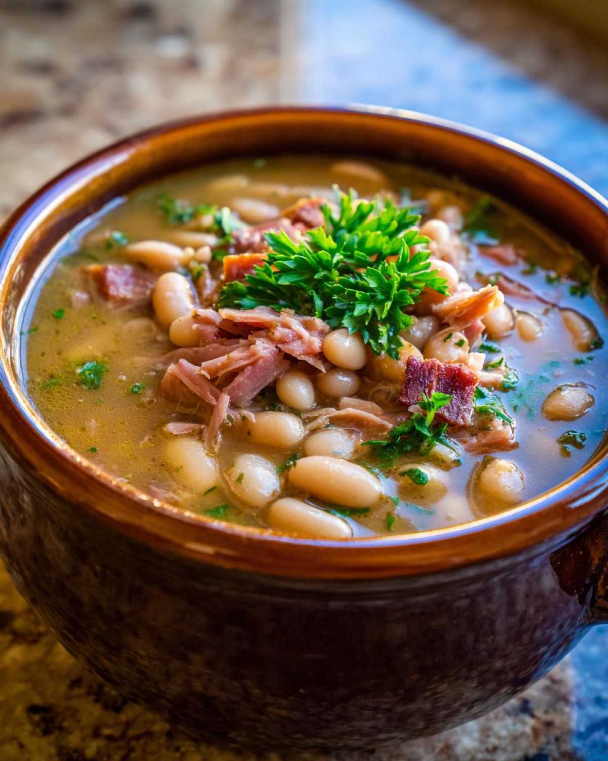 A close-up view of a steaming bowl of hearty navy bean soup topped with shredded ham and fresh parsley.