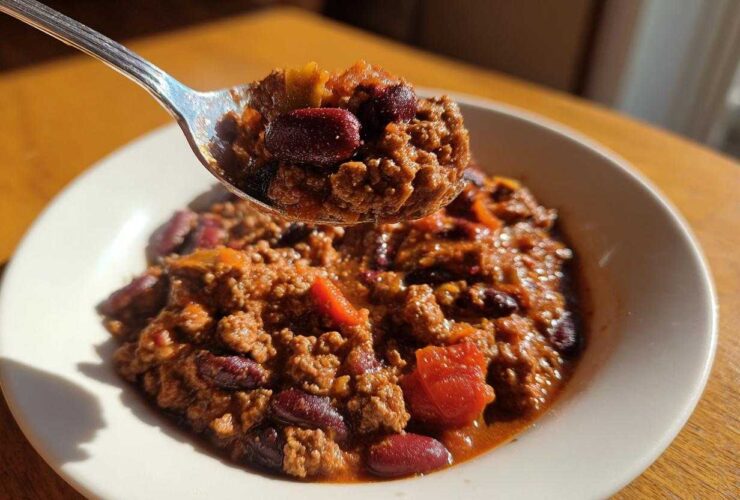 A spoonful of hearty high protein chili, rich with ground meat and kidney beans, lifted from a bowl.