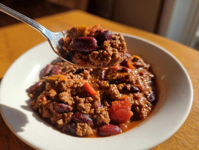 A spoonful of hearty high protein chili, rich with ground meat and kidney beans, lifted from a bowl.