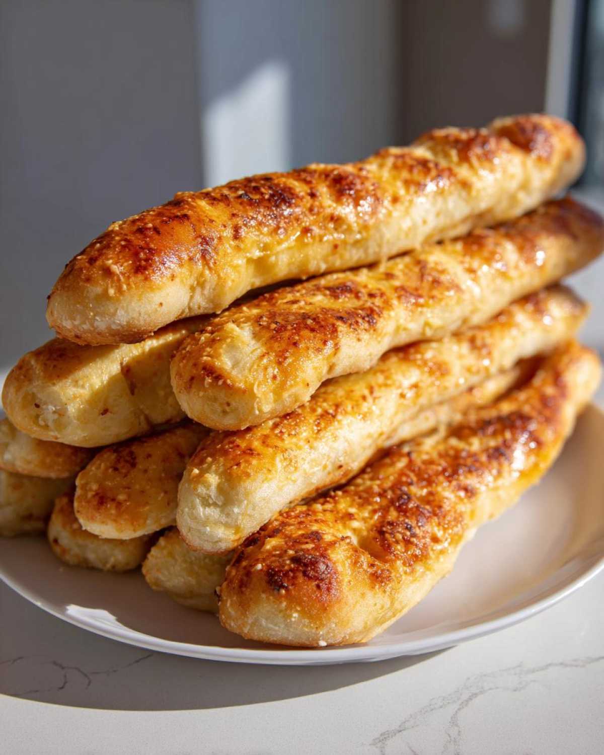 A stack of freshly baked, golden brown Homemade Breadsticks Inspired by Olive Garden piled on a white plate.