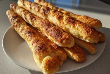 A pile of golden brown Homemade Breadsticks Inspired by Olive Garden stacked on a white plate.