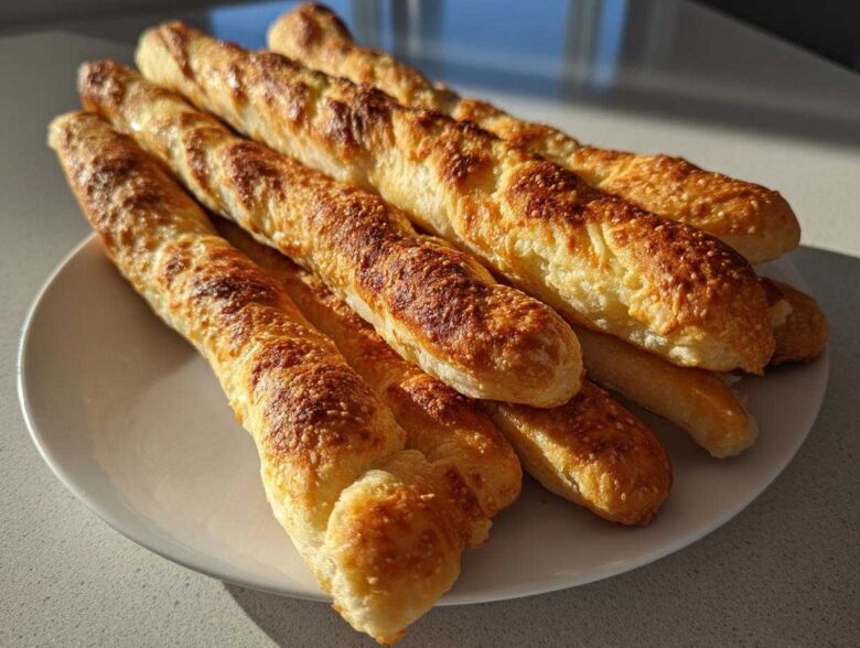 A pile of golden brown Homemade Breadsticks Inspired by Olive Garden stacked on a white plate.