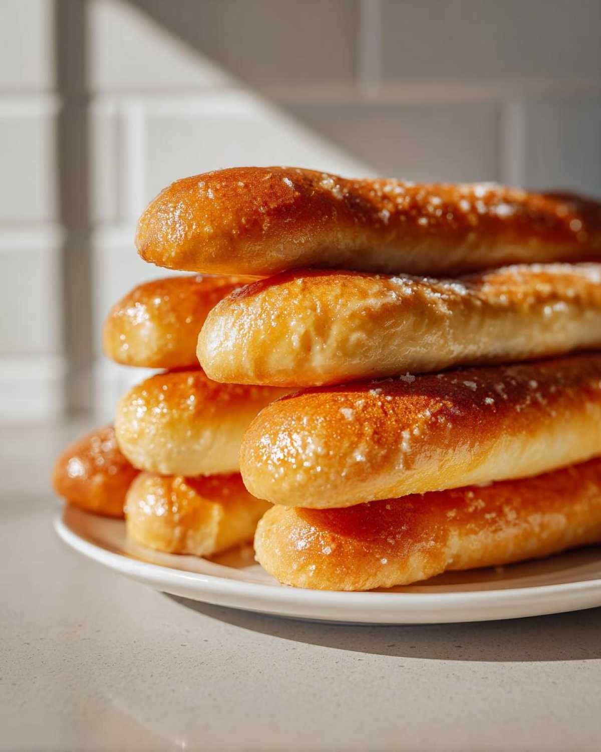 A stack of freshly baked, golden brown Homemade Breadsticks Inspired by Olive Garden sprinkled with coarse salt.
