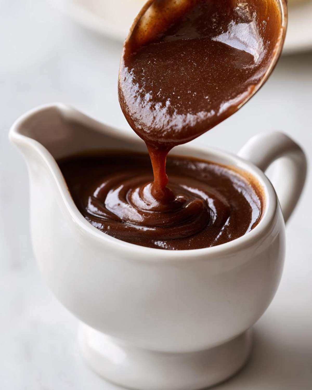 Close-up of thick, rich homemade brown gravy being spooned into a white ceramic gravy boat.