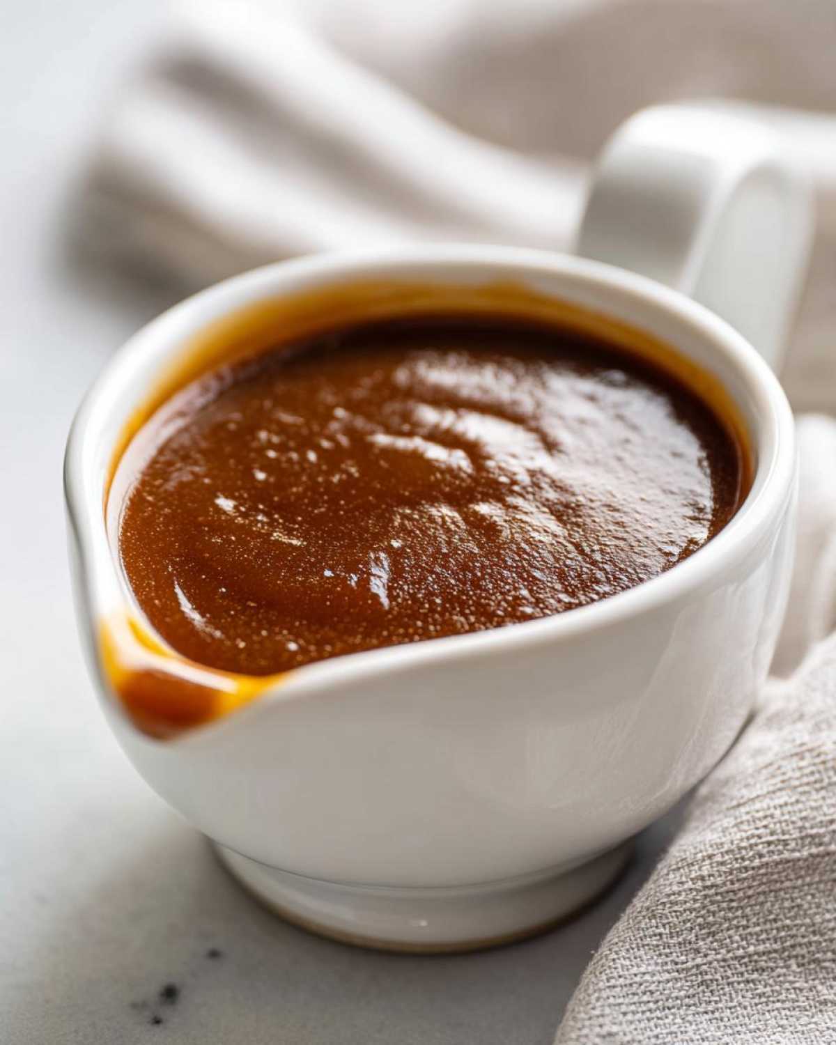 Close-up of thick, rich homemade brown gravy served in a small white ceramic gravy boat.