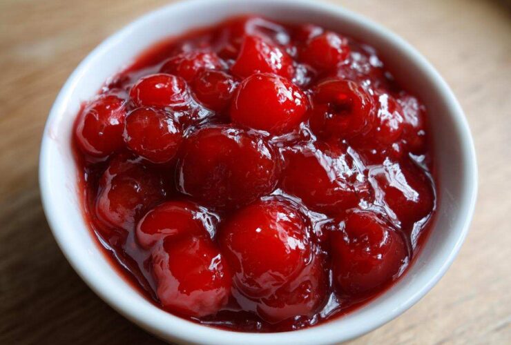 A close-up view of glossy, bright red cherry pie filling packed with whole cherries in a small white bowl.