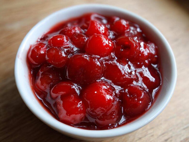 A close-up view of glossy, bright red cherry pie filling packed with whole cherries in a small white bowl.