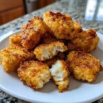 A pile of golden brown, crispy homemade chicken nuggets, with one nugget broken open showing the white chicken meat inside.