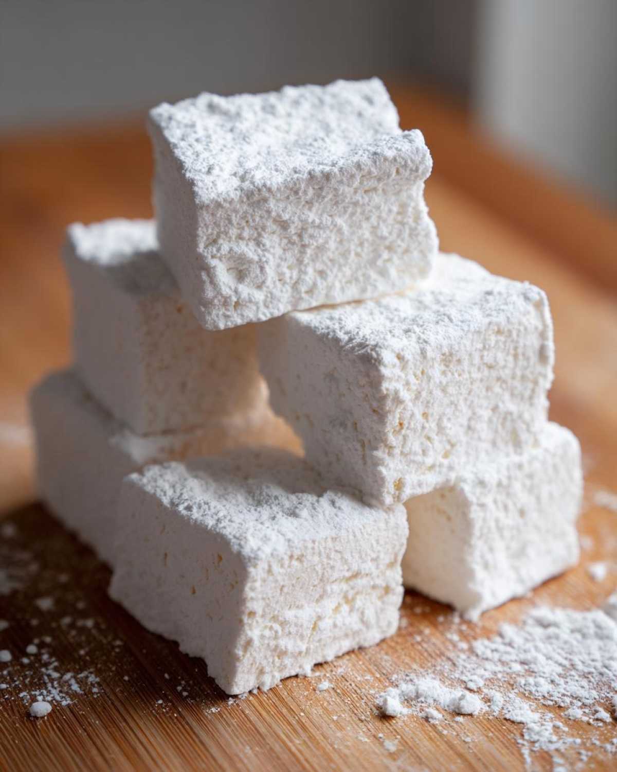 A stack of thick, square homemade marshmallows heavily dusted with white powdered sugar, resting on a wooden cutting board.