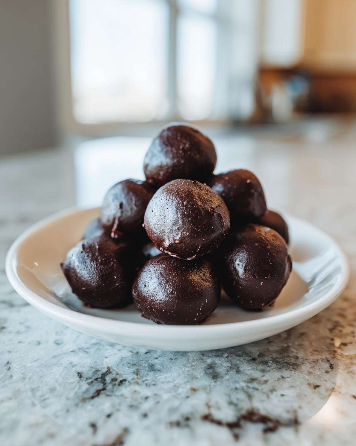 A stack of rich, dark chocolate coated Oreo Cake Balls served on a small white dish.