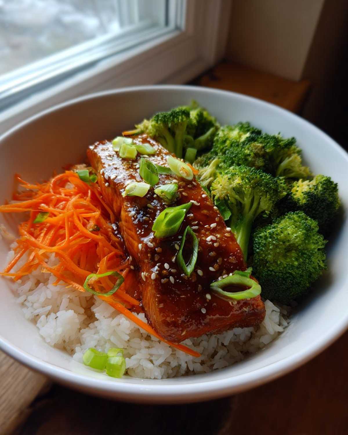 A close-up of a Honey Glazed Salmon Bowl featuring a glazed salmon fillet over rice with shredded carrots and steamed broccoli.