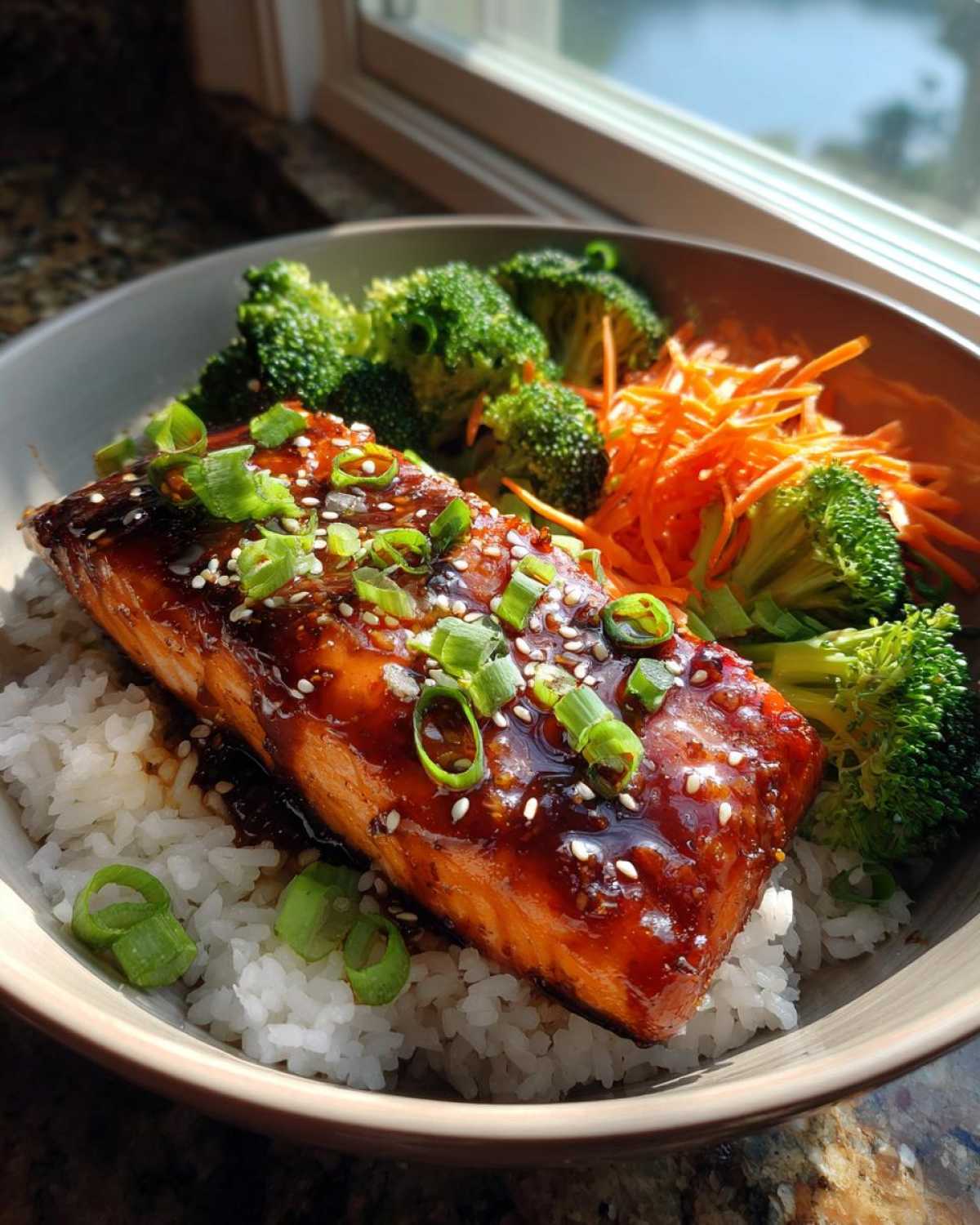 A perfectly cooked fillet of salmon with a thick, shiny glaze sits atop white rice in a bowl, served with broccoli and shredded carrots for a Honey Glazed Salmon Bowl.