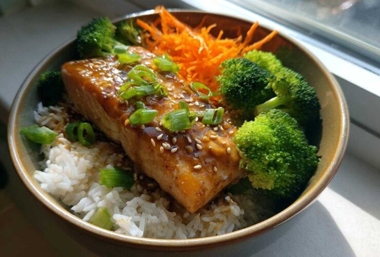 A close-up of a Honey Glazed Salmon Bowl featuring a glazed salmon fillet over white rice, served with bright green broccoli florets and shredded carrots.