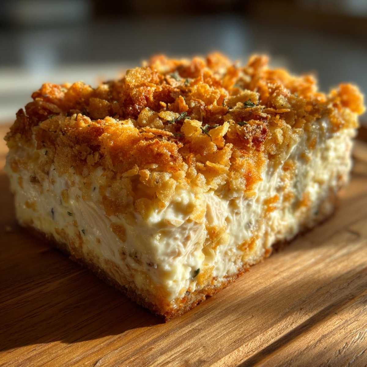 A close-up slice of hot chicken salad bake topped generously with golden, crunchy cornflakes.