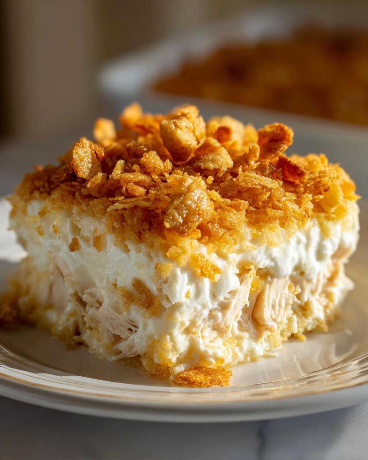 A close-up slice of creamy hot chicken salad bake topped with crispy, golden fried onions or cornflakes.