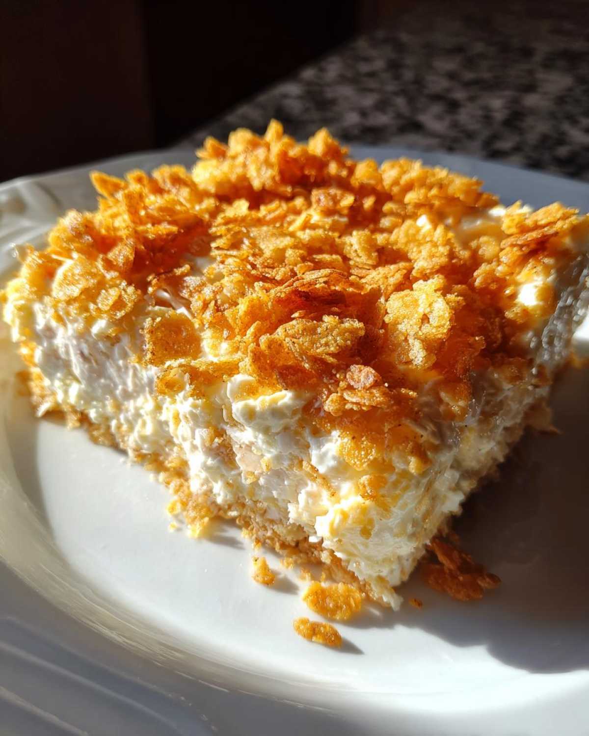 A close-up slice of hot chicken salad bake topped generously with golden, crunchy cornflakes.