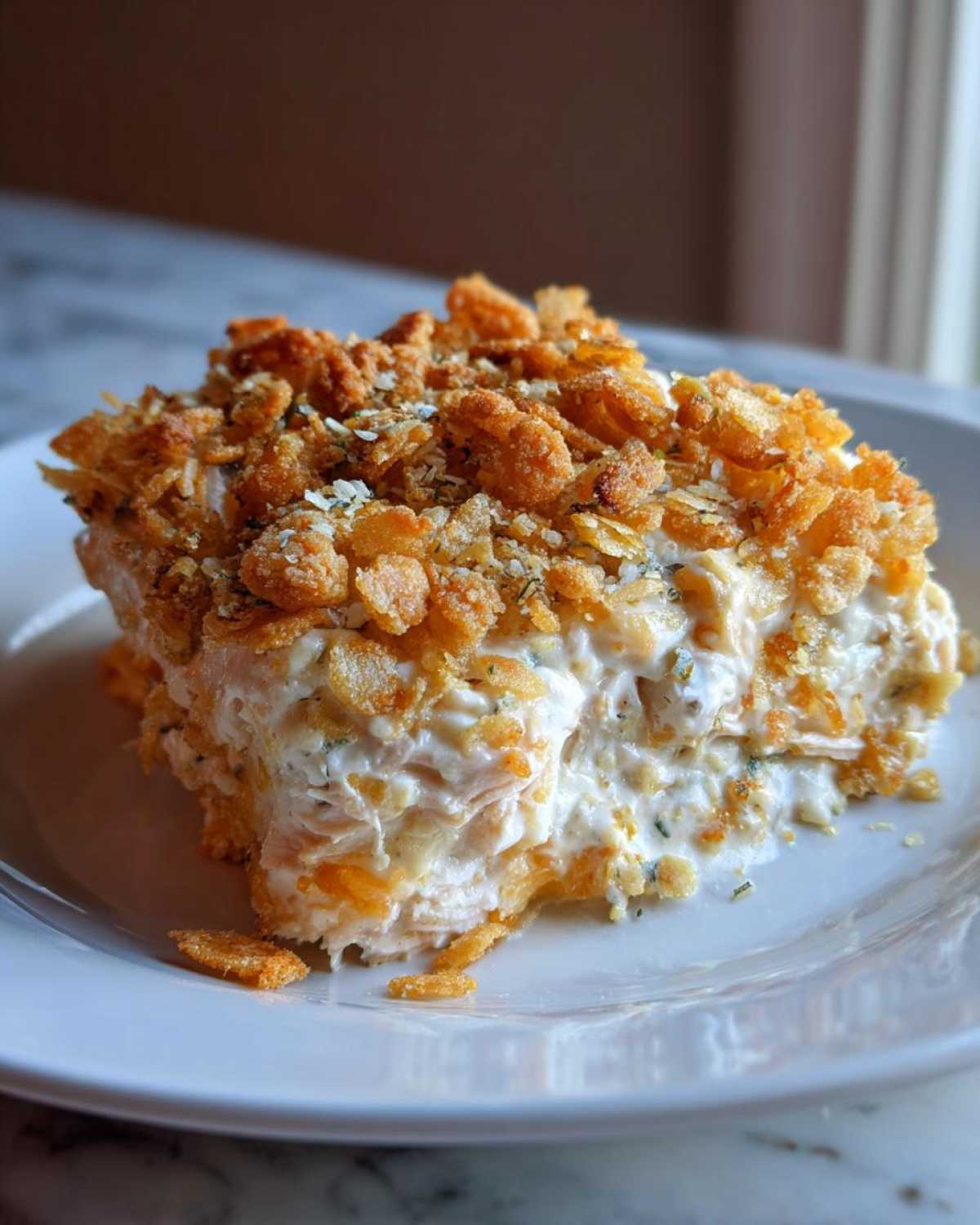 A square slice of creamy hot chicken salad bake topped generously with crunchy, golden cornflakes.
