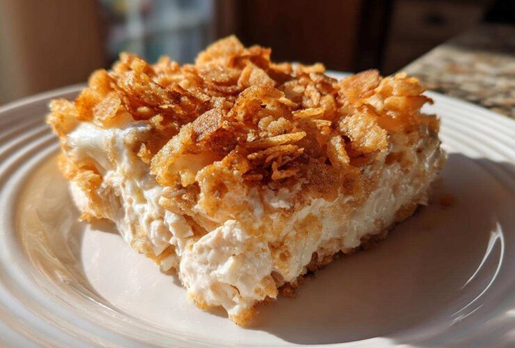 A square serving of creamy hot chicken salad bake topped with a thick layer of golden, crunchy cornflakes.
