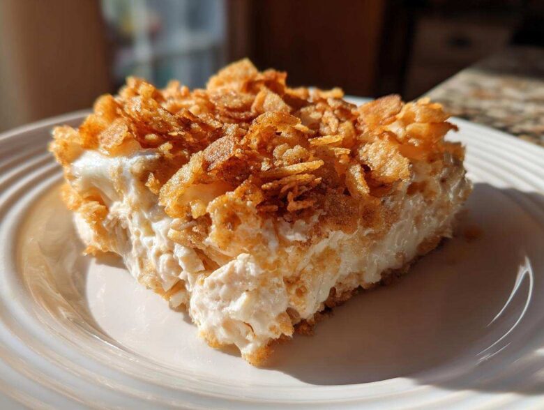 A square serving of creamy hot chicken salad bake topped with a thick layer of golden, crunchy cornflakes.