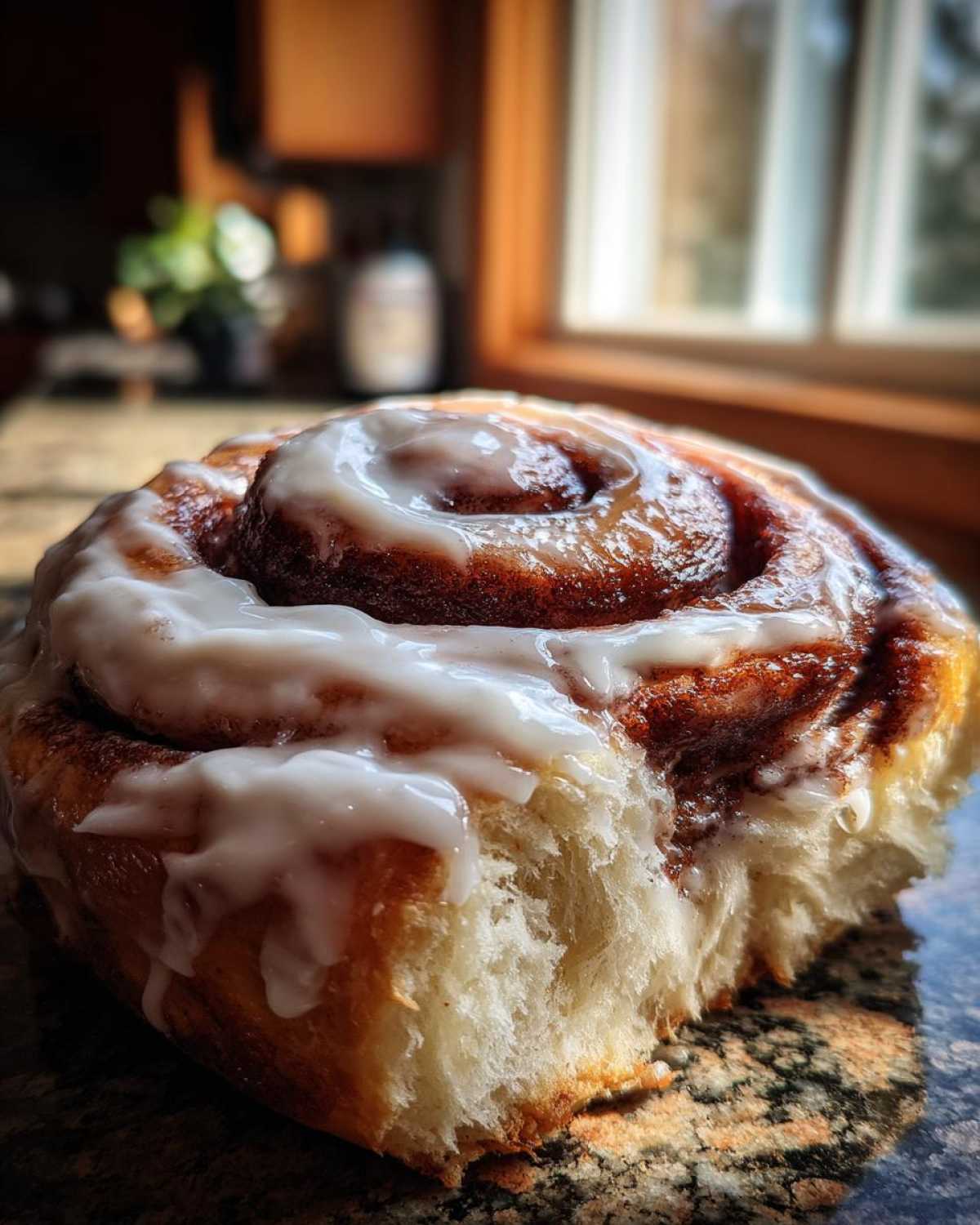 A close-up shot of a freshly baked, gooey cinnamon bun topped with thick white icing, showing a soft interior.