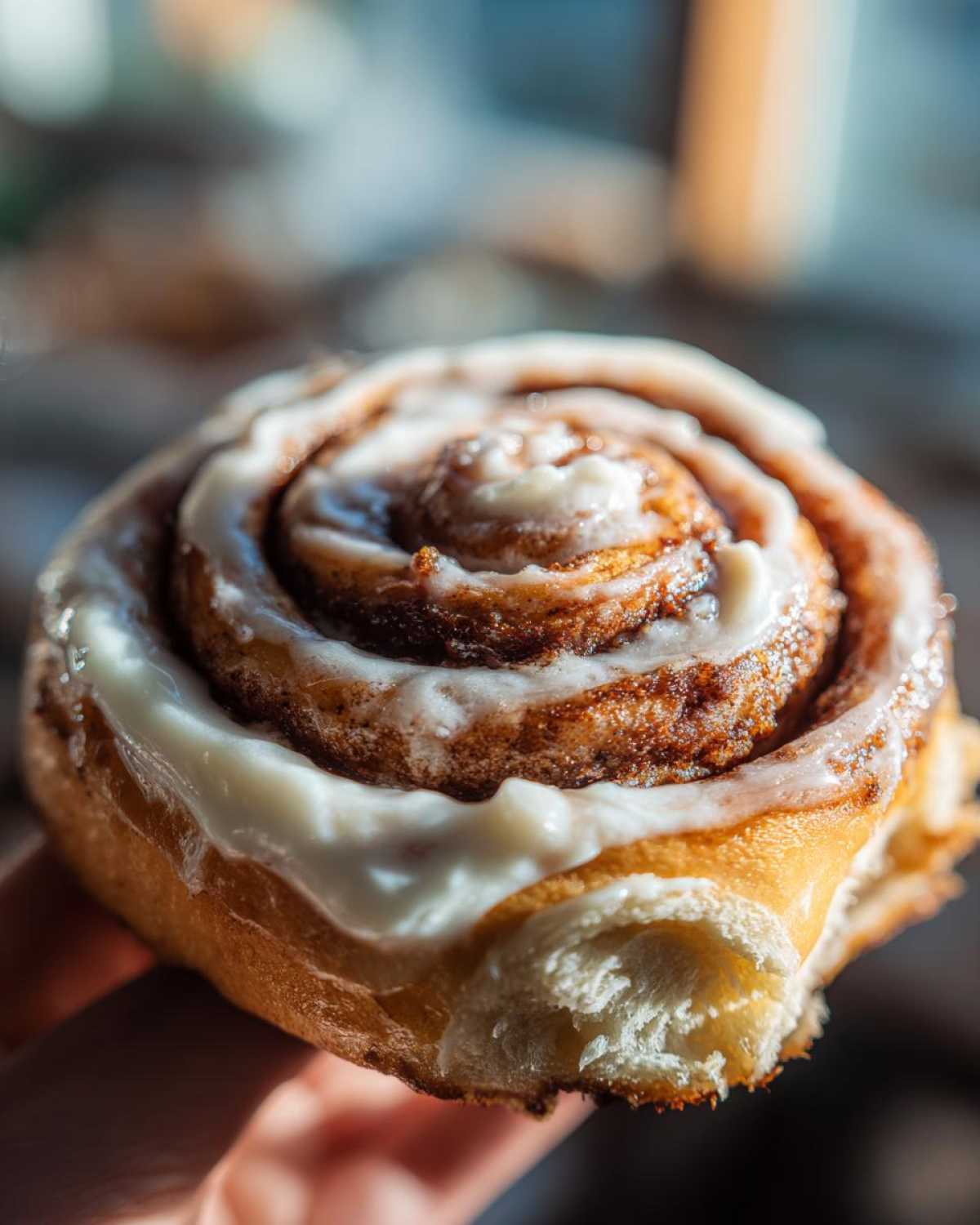 A close-up shot of a single, freshly baked cinnamon bun topped with thick white icing, held up to the light.