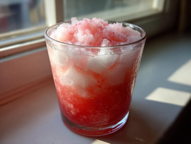 Close-up of a frosty glass filled with icy, layered Irresistible Strawberry Piña Colada Punch.