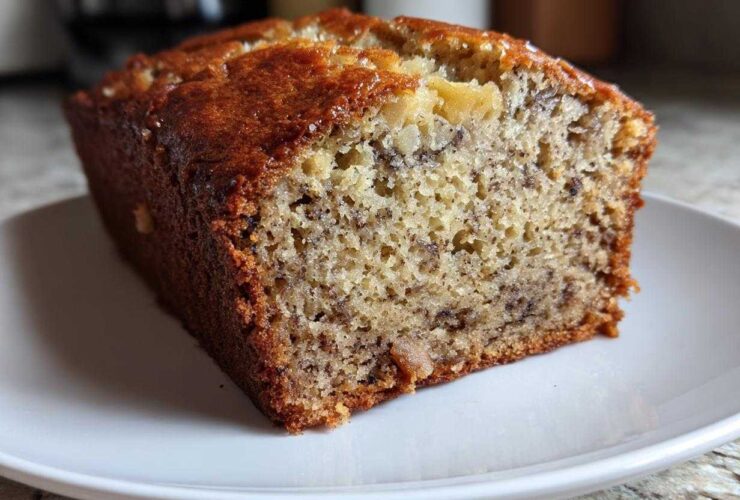 Close-up of a slice showing the moist crumb texture of Incredibly Moist Banana Bread on a white plate.