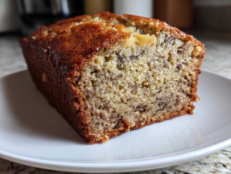 Close-up of a slice showing the moist crumb texture of Incredibly Moist Banana Bread on a white plate.