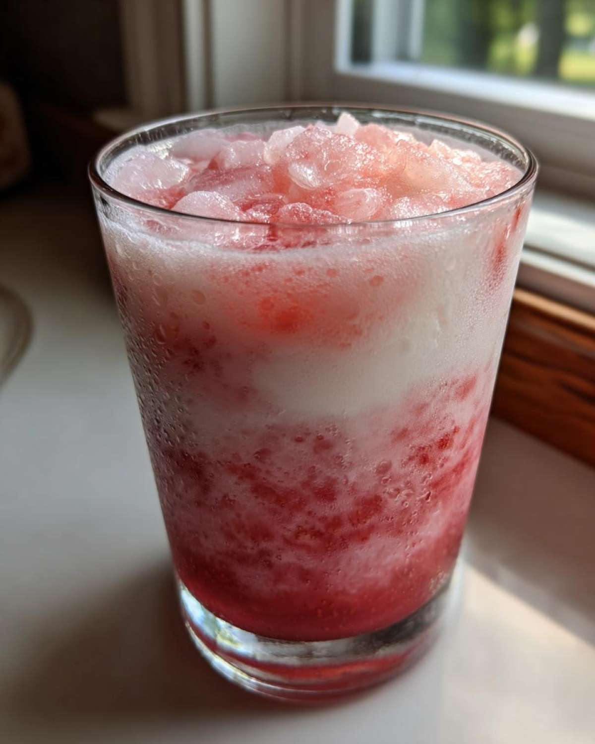 A tall, sweating glass filled with layered, icy Irresistible Strawberry Piña Colada Punch, showing pink/red fruit mix and white creamy layers.