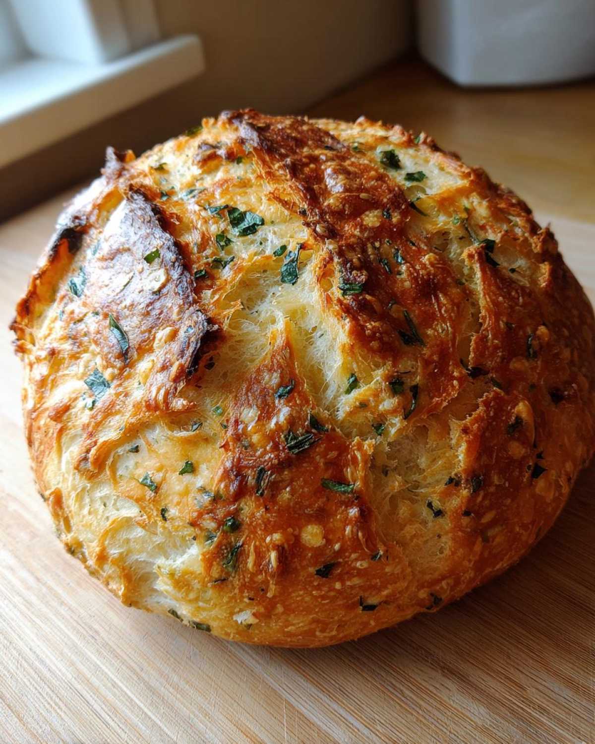 A close-up of a beautifully baked, round Italian herb and cheese bread with a golden, crusty top sprinkled with green herbs.