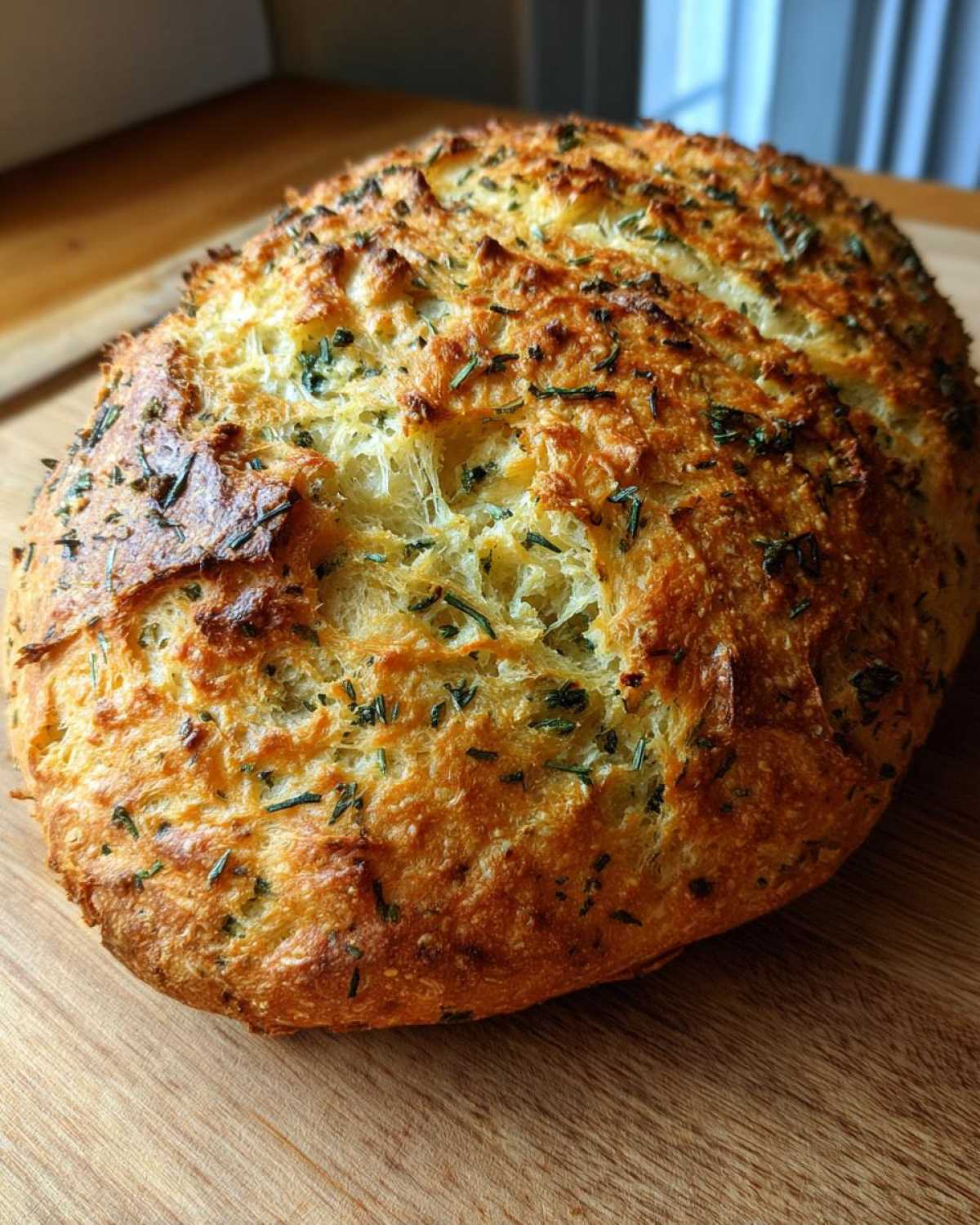 Close-up of a freshly baked Italian herb and cheese bread loaf with a golden, crusty top sprinkled with green herbs.